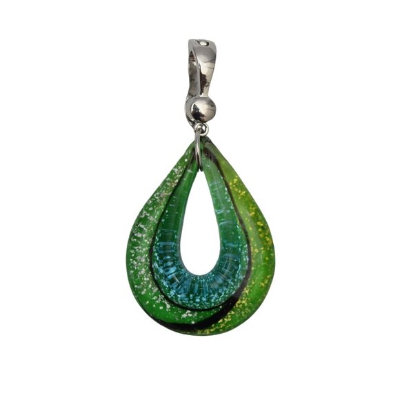 Wearable Art Glass Pendent Teardrop Magnetic Clasp Green Blue Black Silver - Picture 2 of 3